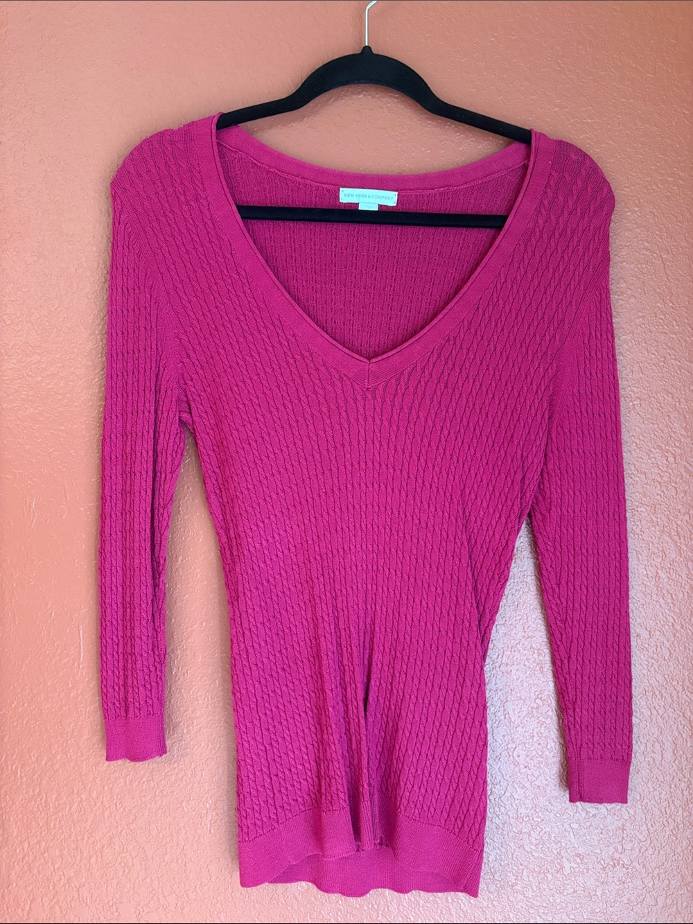 New York & Company Fuchsia Cable-Knit V-Neck Sweater